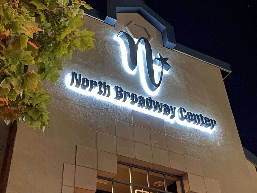 North Broadway Center illuminated channel letters close-up