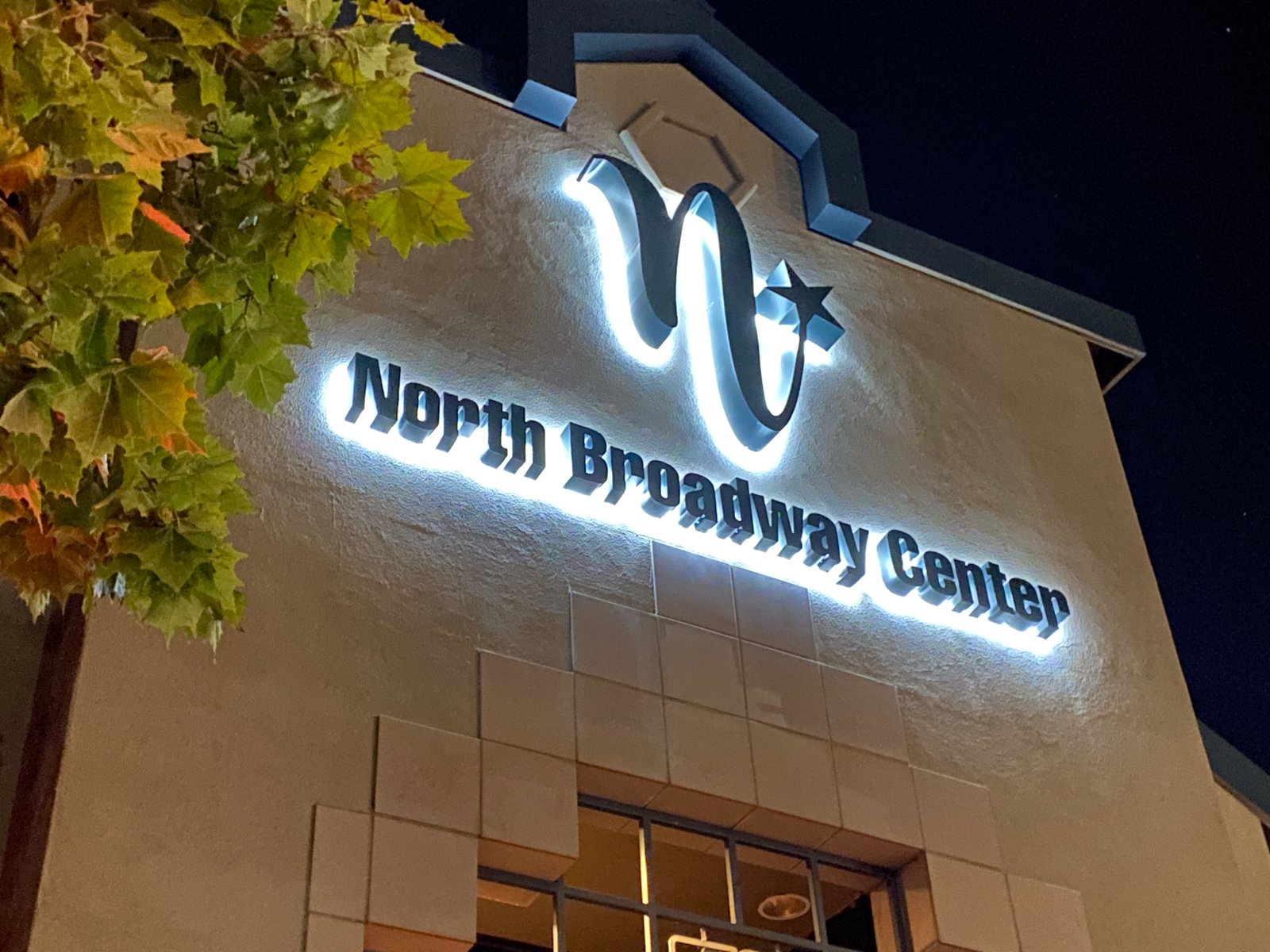 North Broadway Center halo-lit channel letters at night
